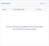 Screenshot: Tax Forms detail view in WX, displaying a message to say there are no completed tax forms